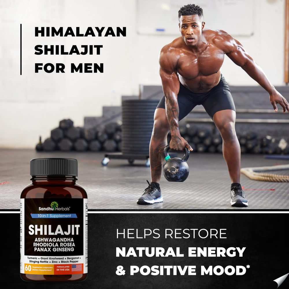 SANDHUHERBALS Himalayan Shilajit ingredients graphic showing natural minerals and vitality