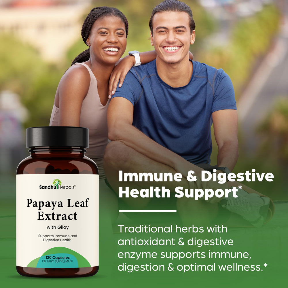SANDHUHERBALS Papaya Leaf Extract ingredient icons emphasize plant-based formula