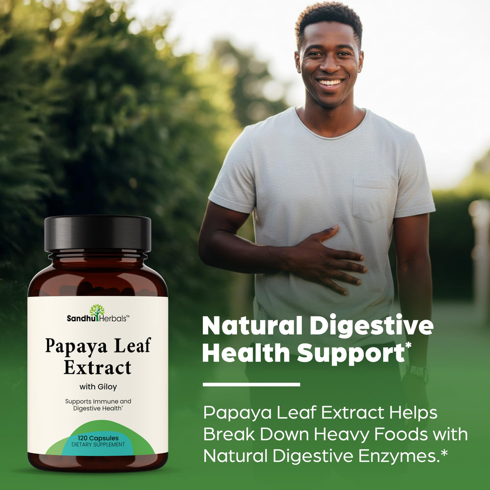 SANDHUHERBALS Papaya Leaf Extract label close-up with clean formulation