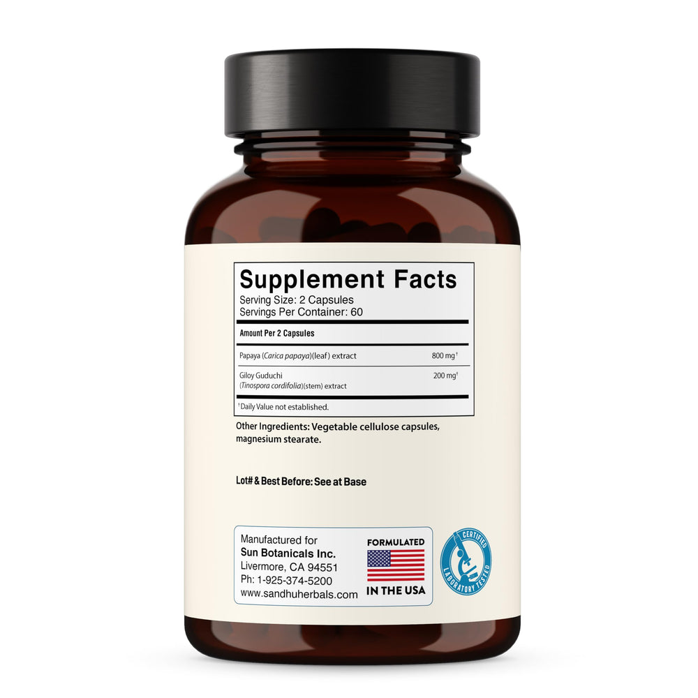 SANDHUHERBALS Papaya Leaf Extract third-party testing seal indicating quality