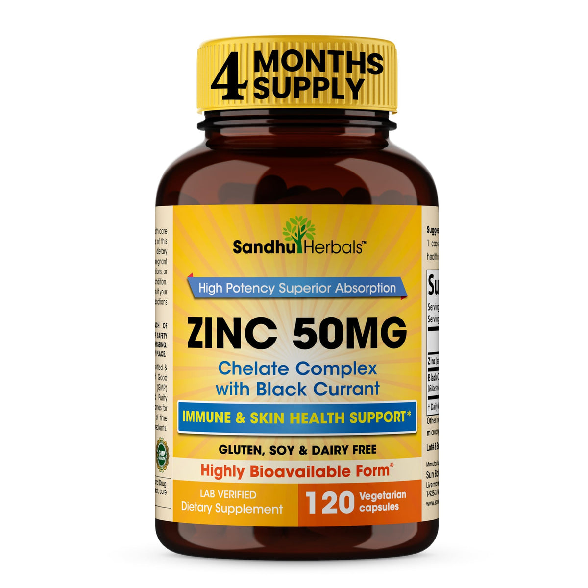 Sandhu Herbals Zinc 50mg capsules front view highlighting daily immune support
