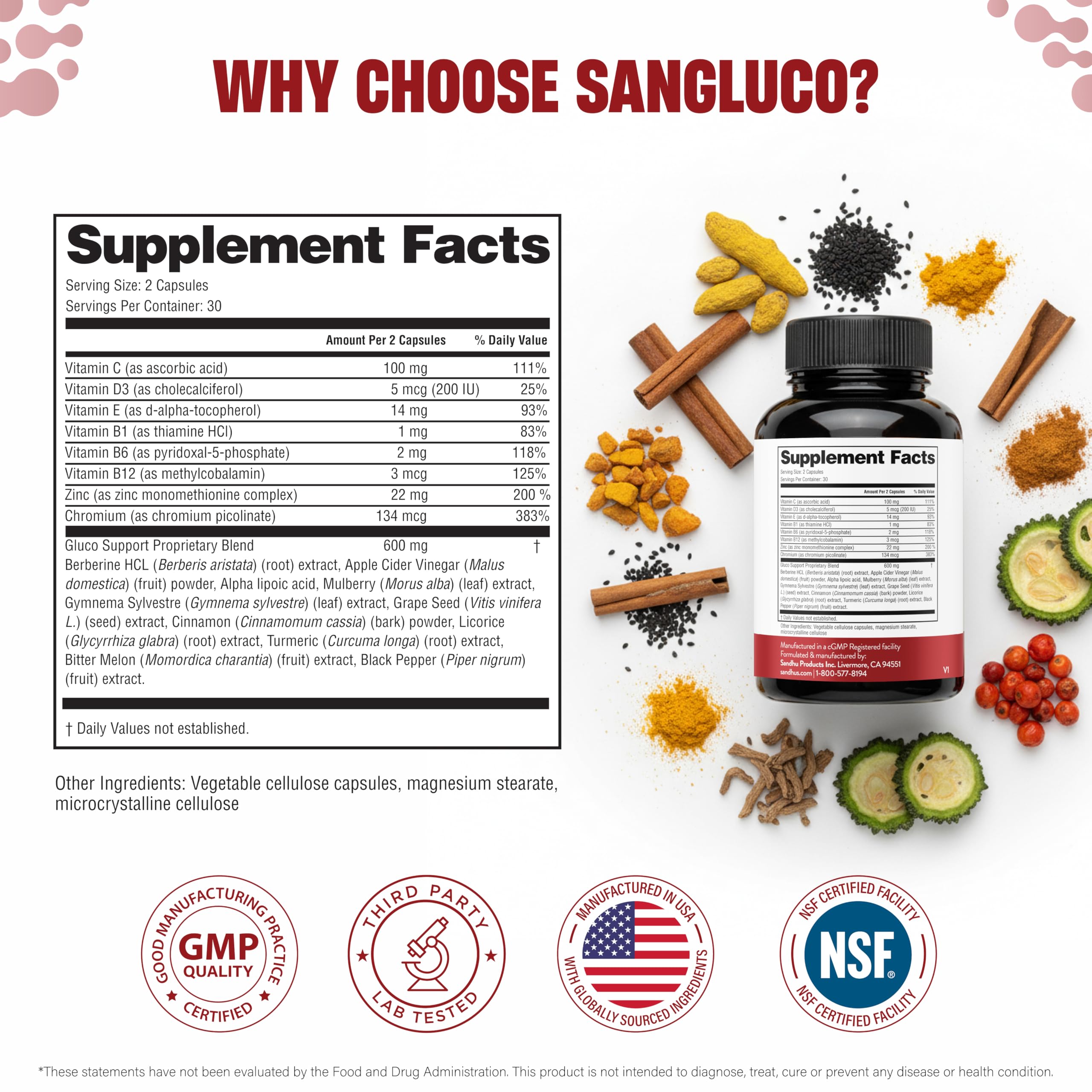 Packaging of Sandhu's Blood Sugar Support Complex emphasizes quality and safety