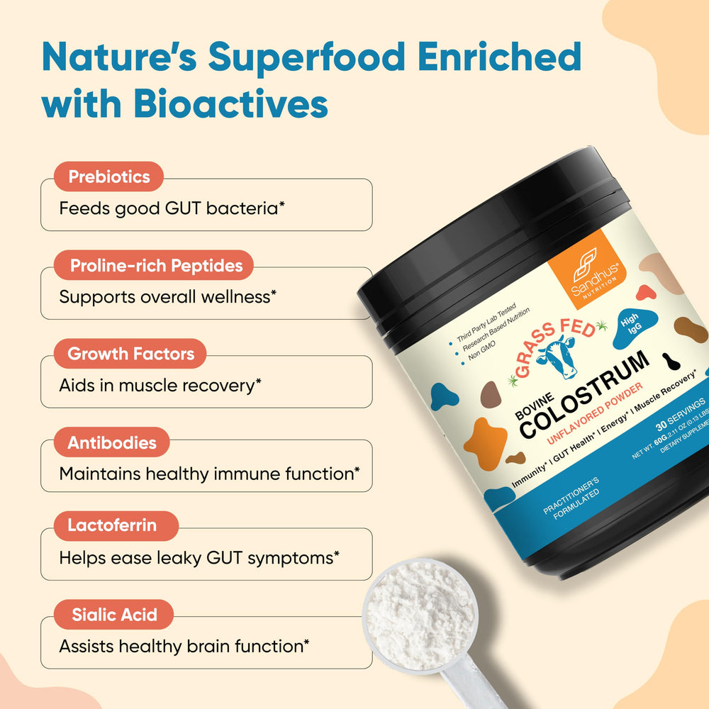 Graphic illustrating immune support and gut health potential for Sandhu's colostrum