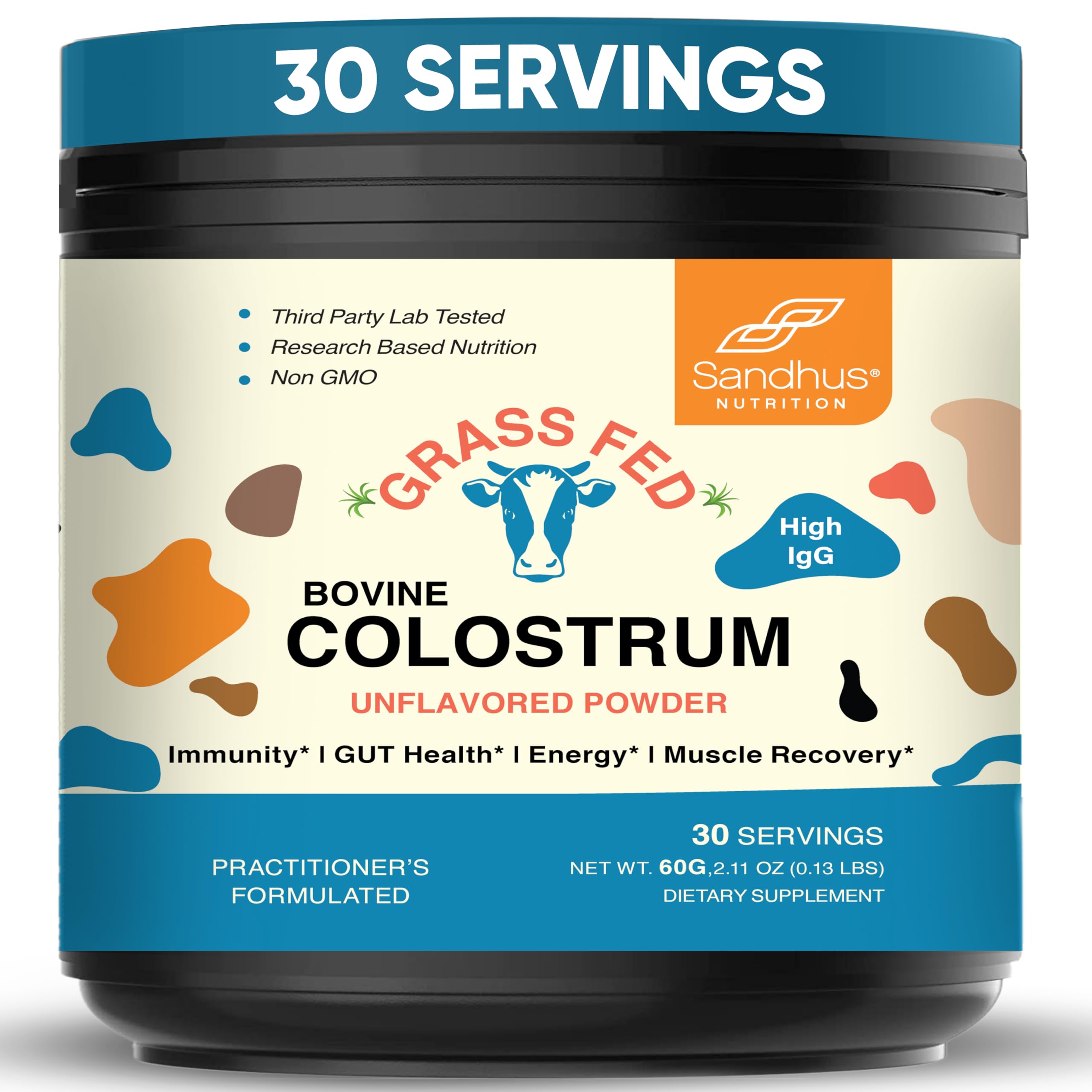 Sandhu's grass-fed colostrum powder bottle showing convenient immune support and gut health use