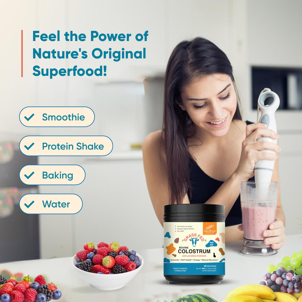 Sandhu's grass-fed colostrum powder label highlighting clean sourcing