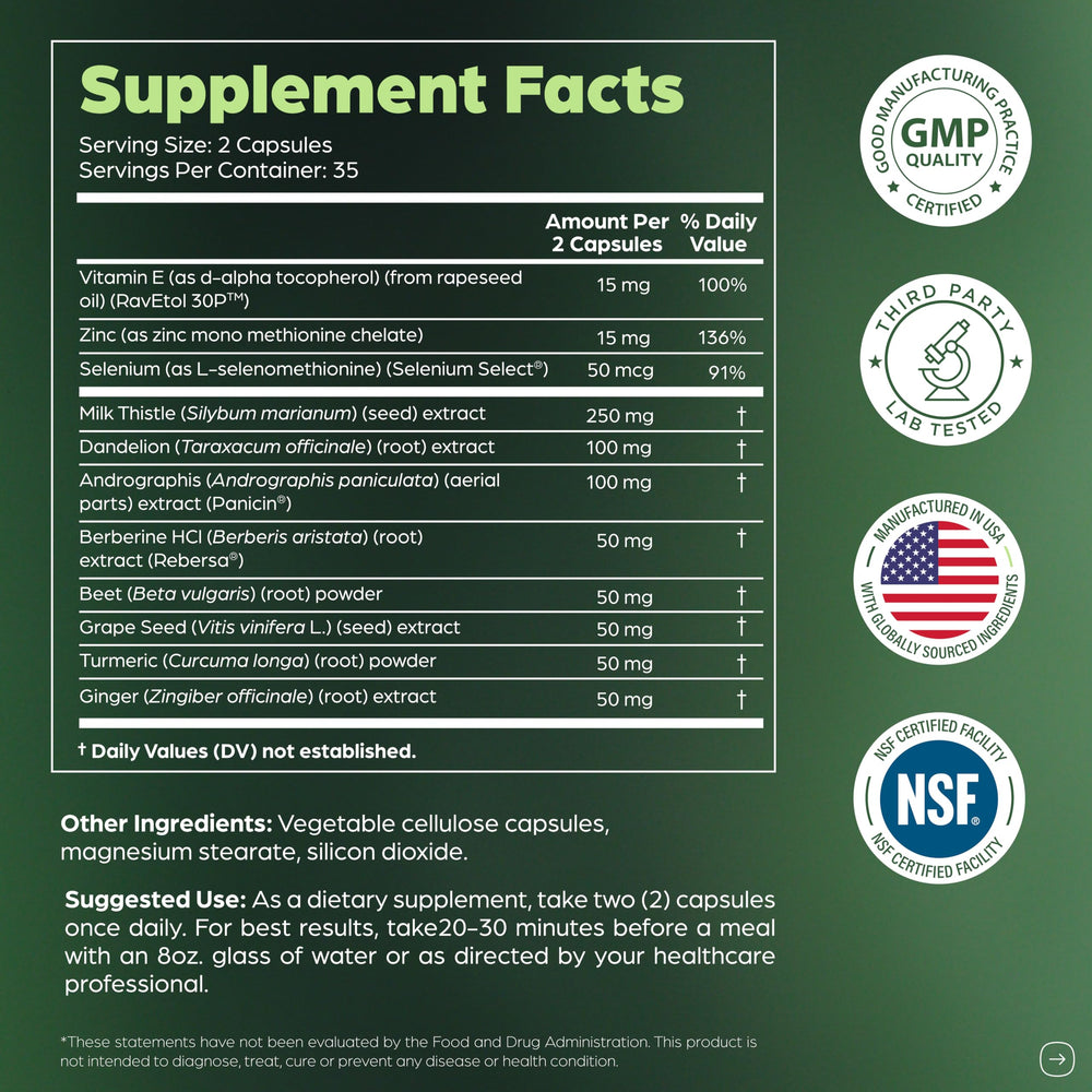 Dandelion root element suggests natural detox support.