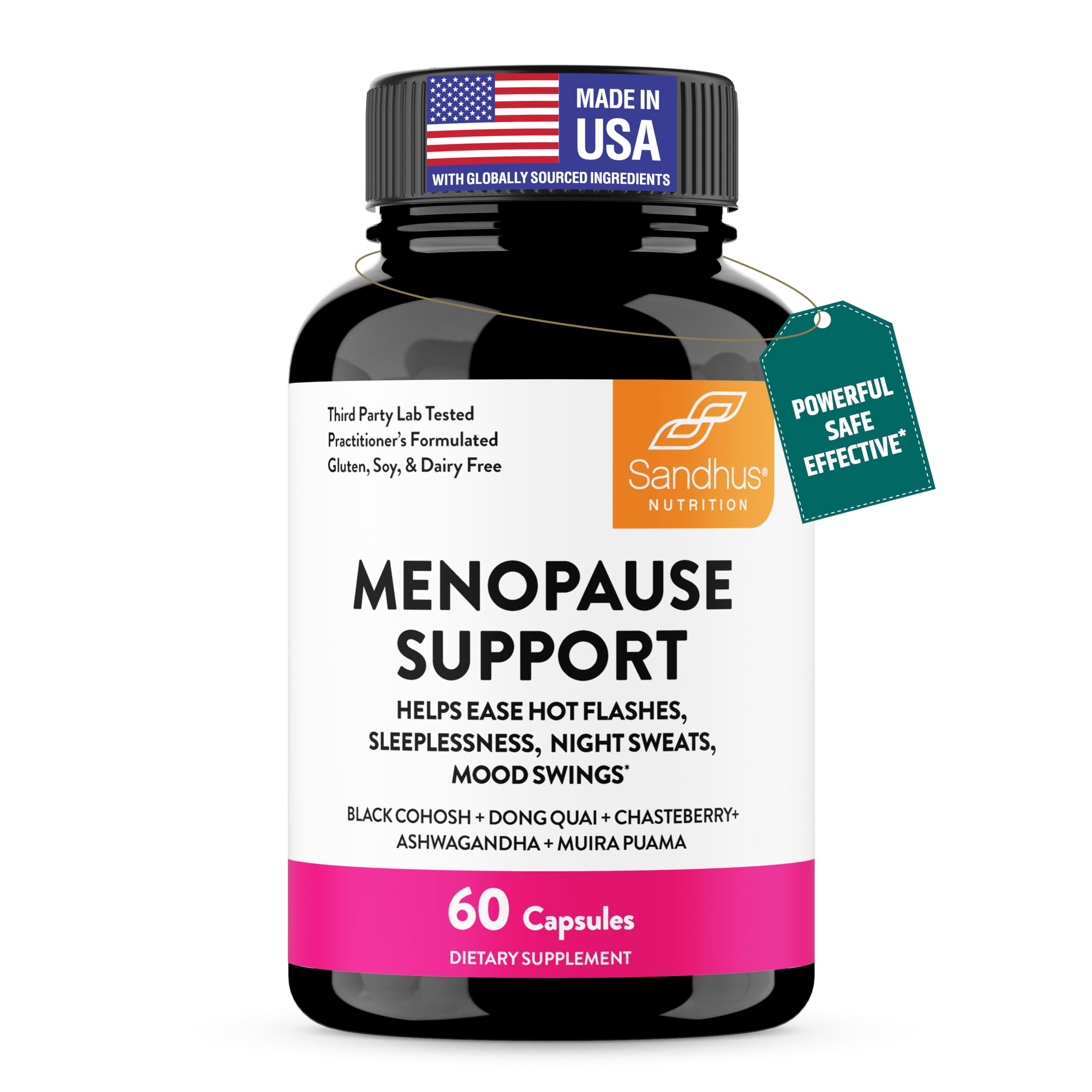 Sandhu's menopause bottle front shows a balanced herbal supplement for daily wellness