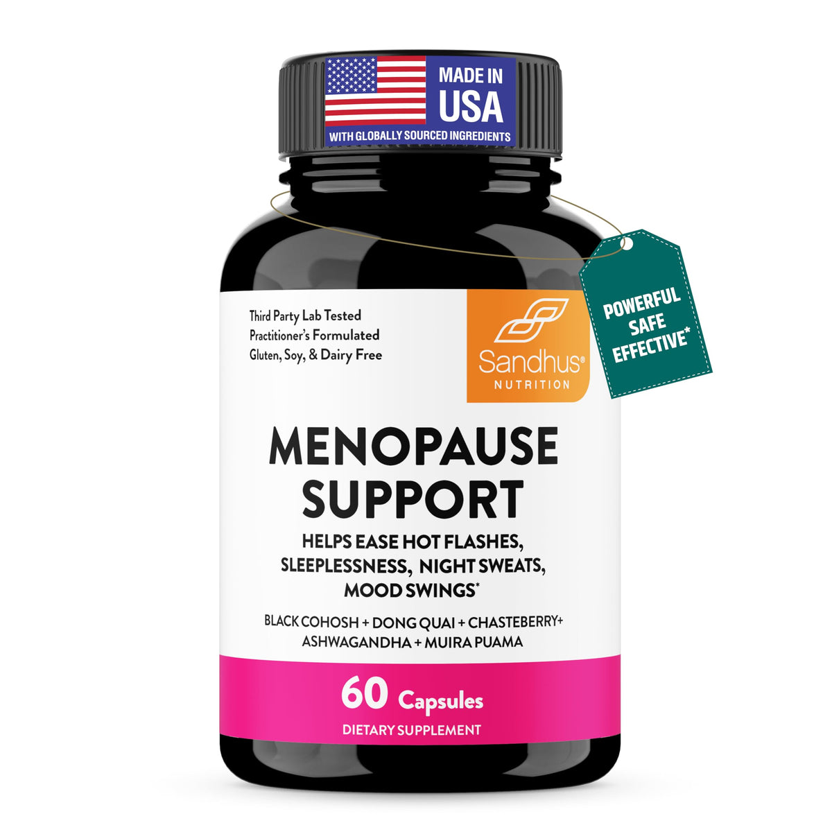 Sandhu's menopause bottle front shows a balanced herbal supplement for daily wellness