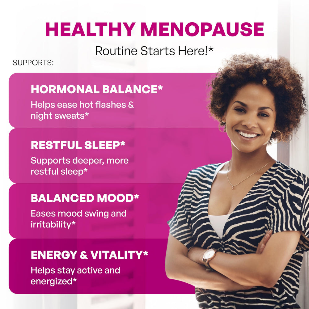 Sandhu's menopause bottle label highlights gluten-free and dairy-free capsules