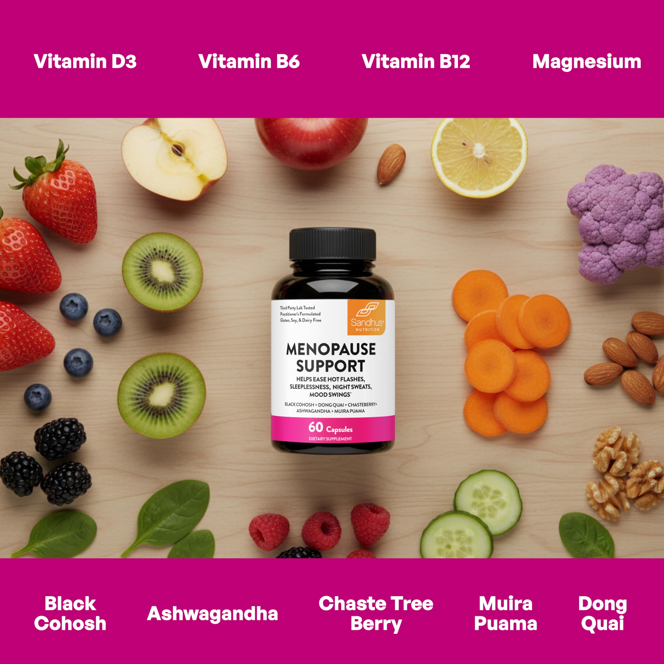 Sandhu's menopause vitamins D3 B6 and B12 support energy and immune health