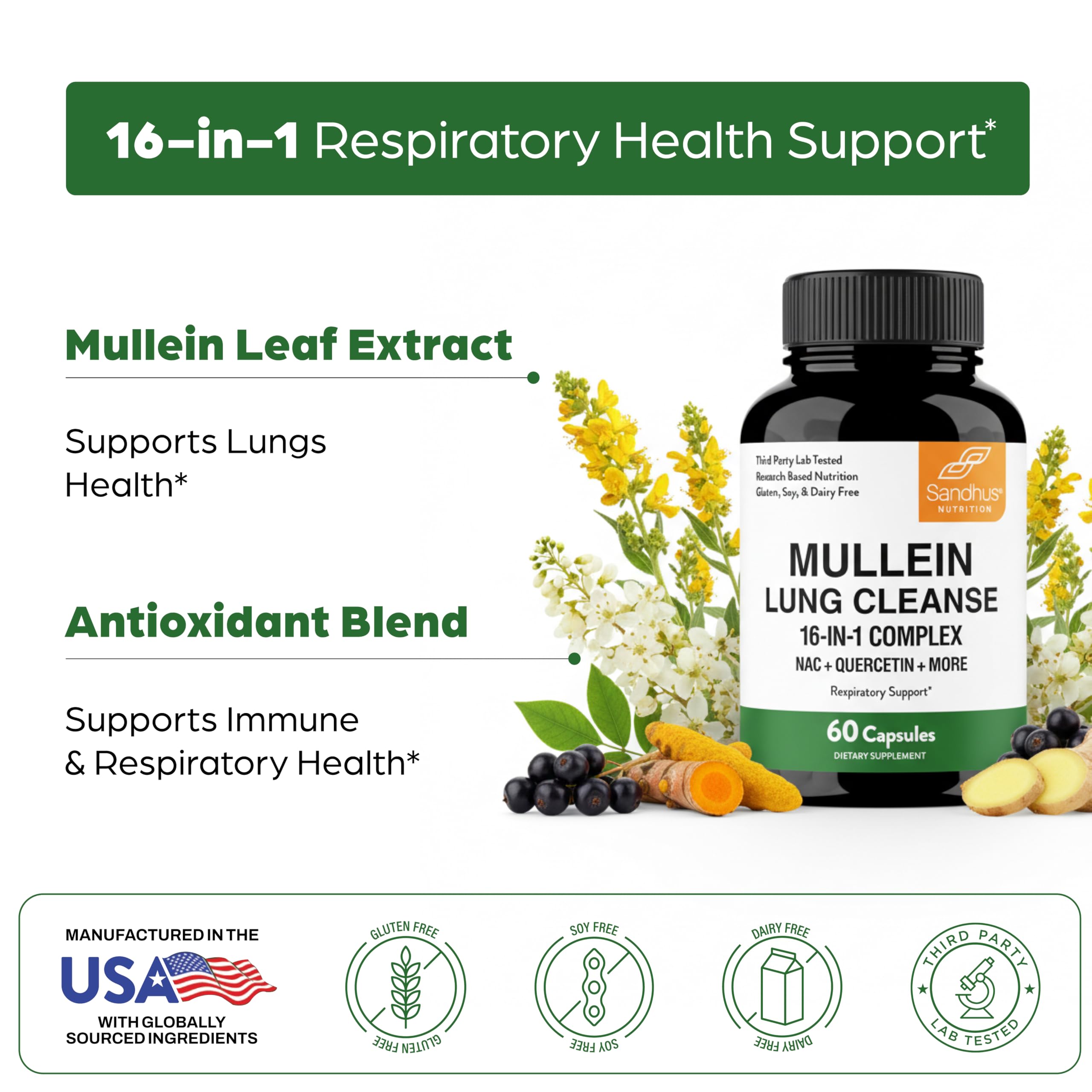 Sandhu's Mullein Capsules packaging near premium ingredients visuals