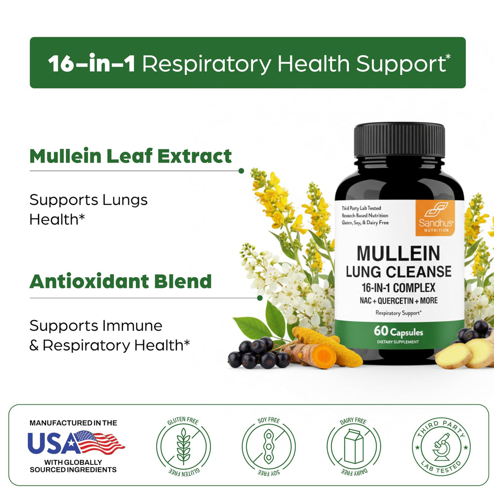 Sandhu's Mullein Capsules packaging near premium ingredients visuals