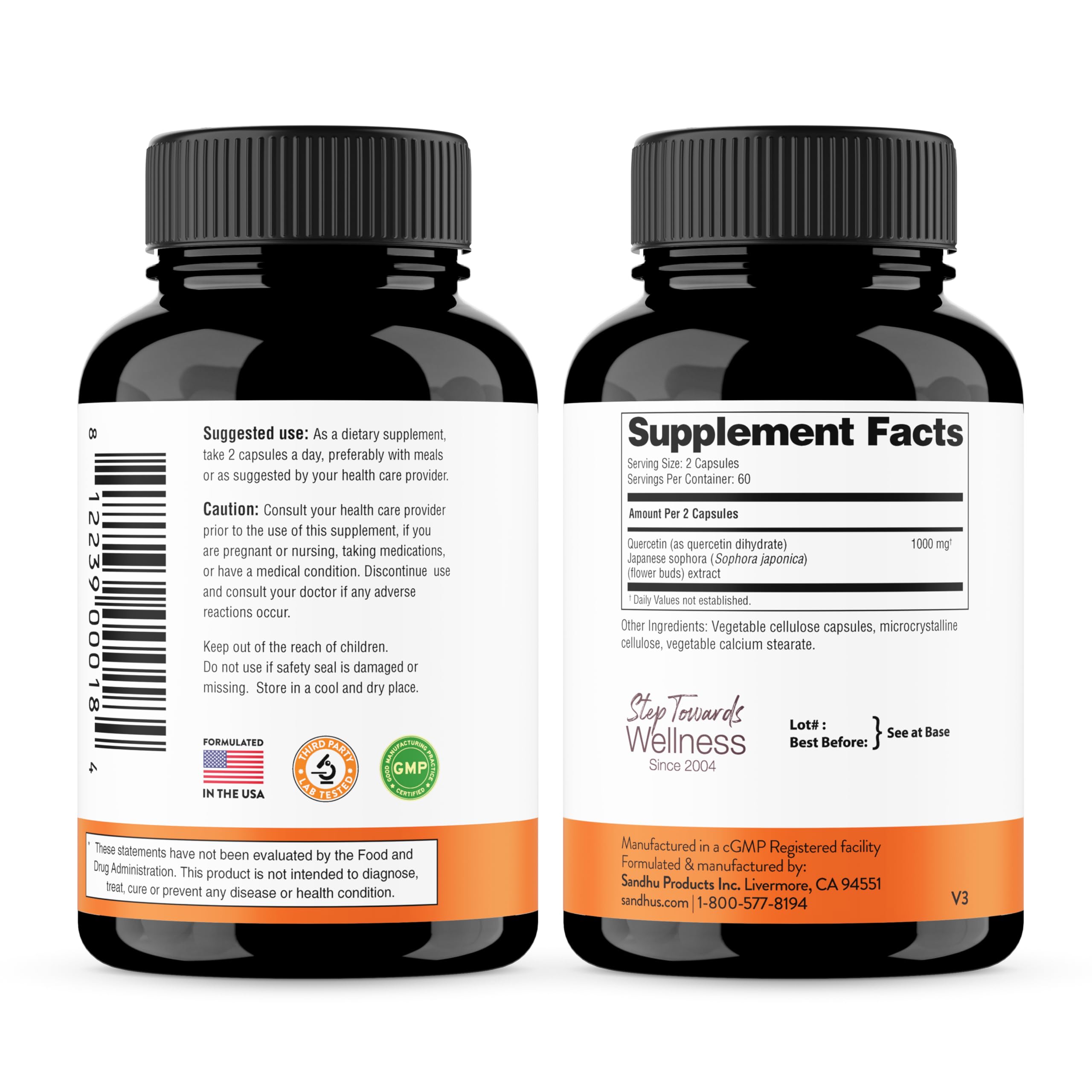Sandhu's Quercetin quality seal with lab-testing backdrop.