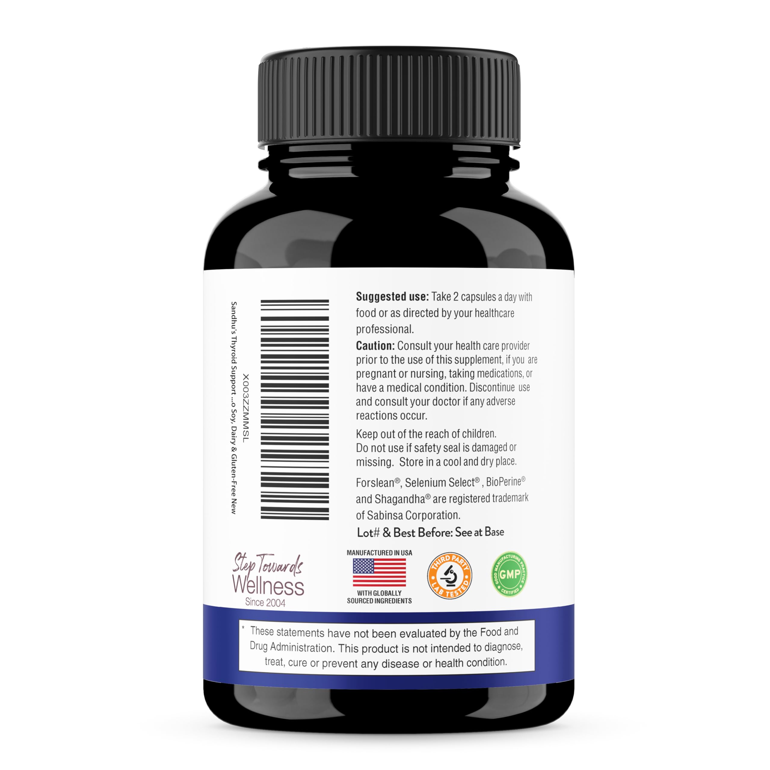 Sandhu's Thyroid Support dietary information emphasizes allergen-free formulation.