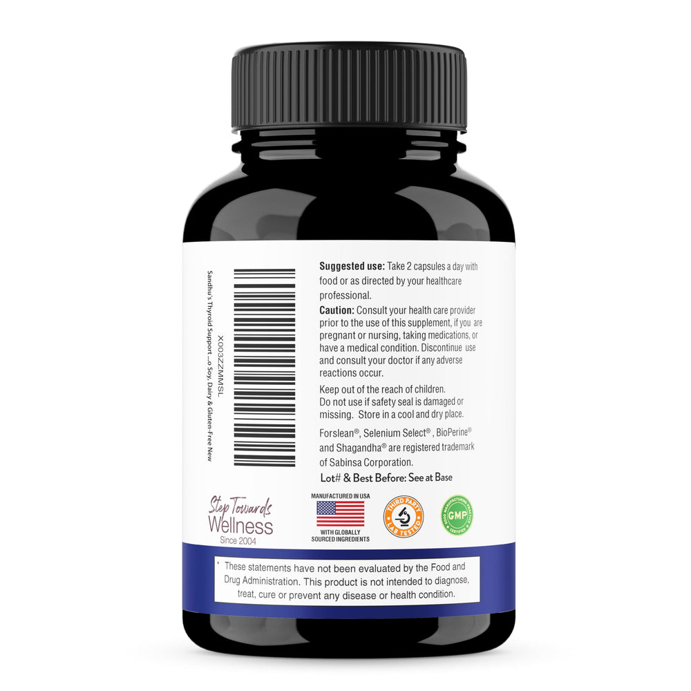 Sandhu's Thyroid Support dietary information emphasizes allergen-free formulation.