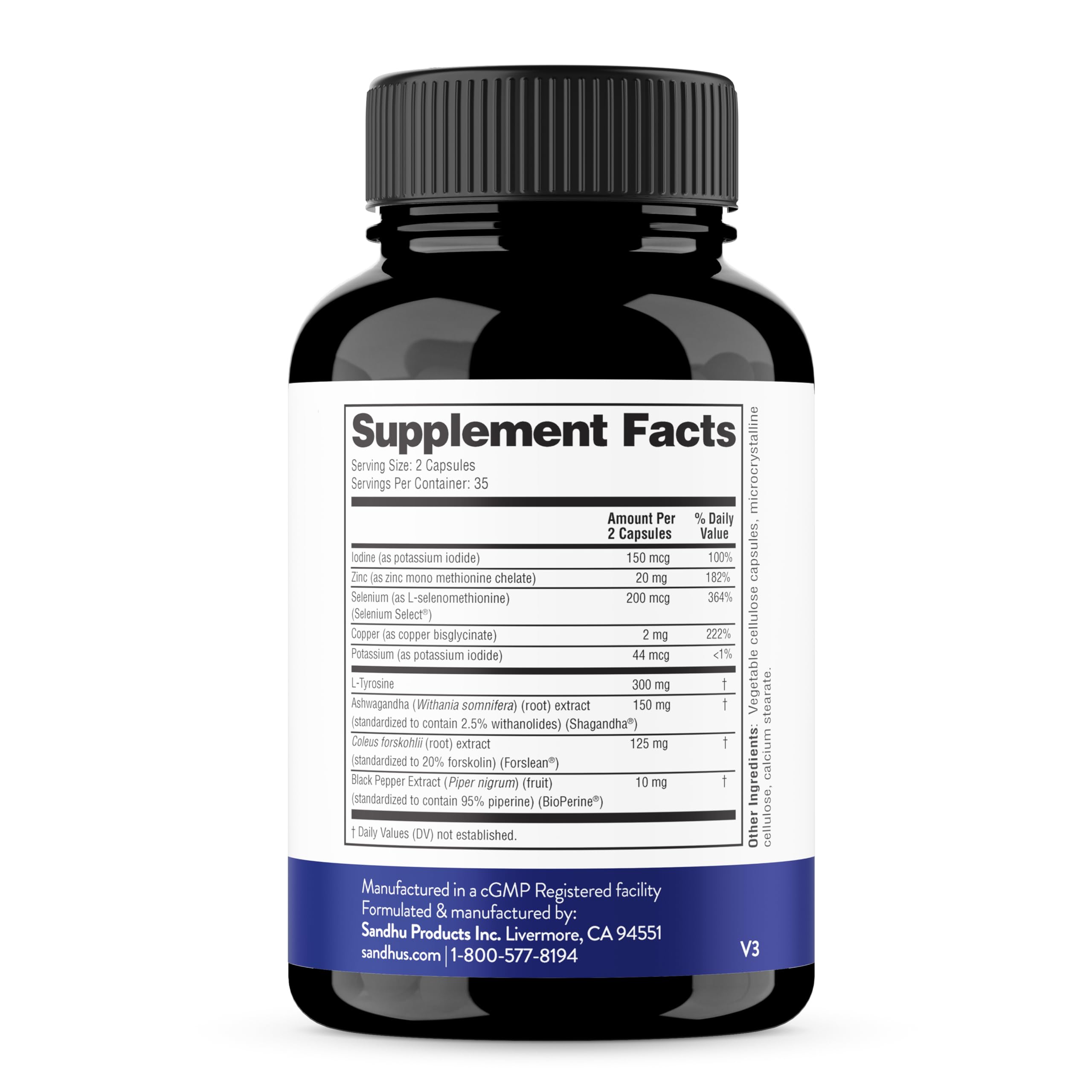 Sandhu's Thyroid Support serving size image shows two capsules daily.