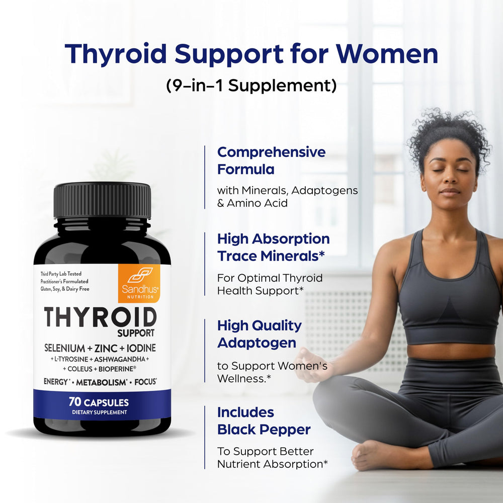 Sandhu's Thyroid Support third-party testing seal signals purity and potency.