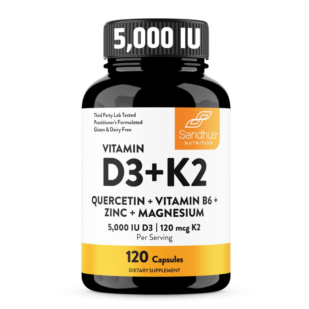 Sandhu's Vitamin D3 K2 Magnesium bottle on a desk for daily energy support.