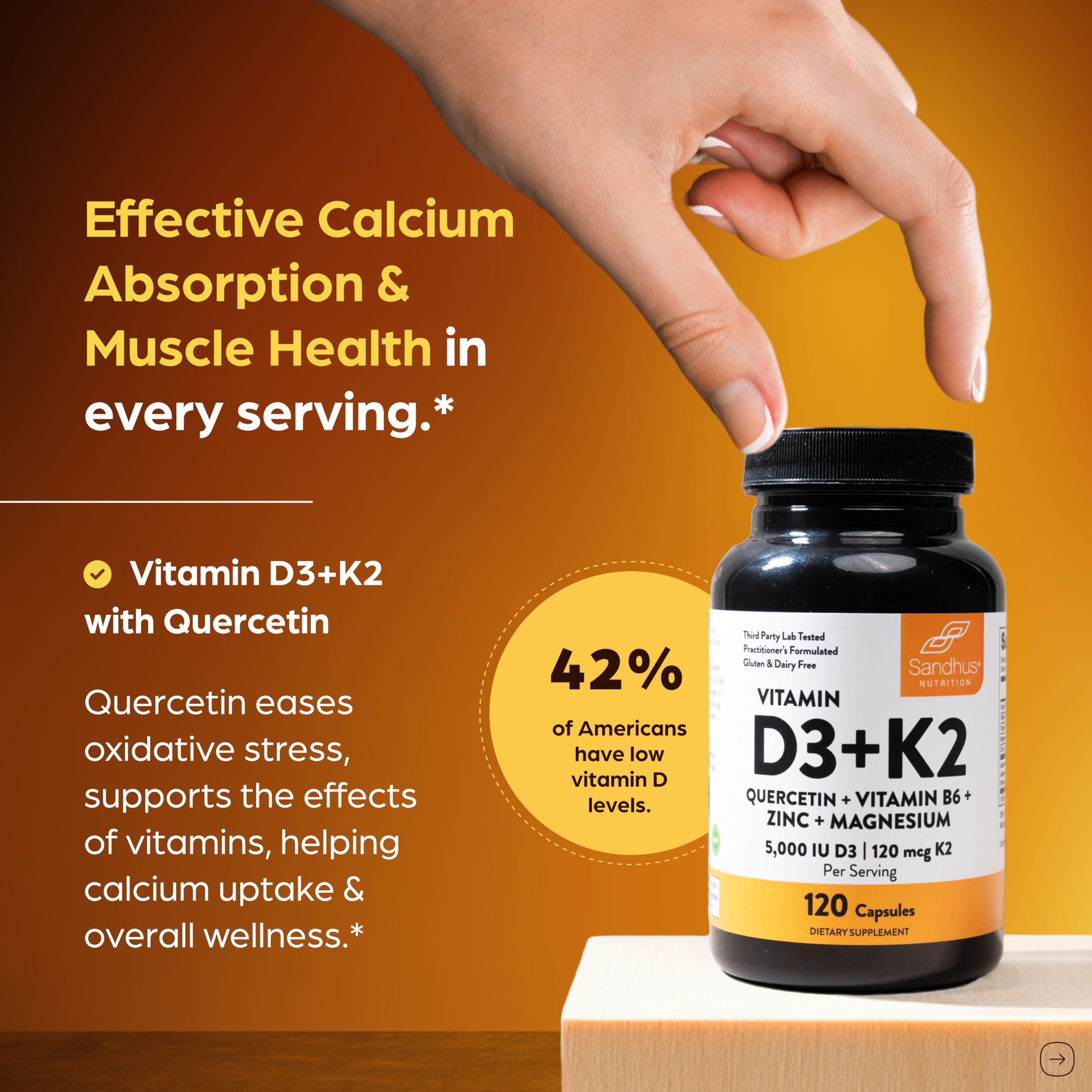 Close-up of Sandhu's D3 K2 Magnesium capsules emphasizing bone health benefits.