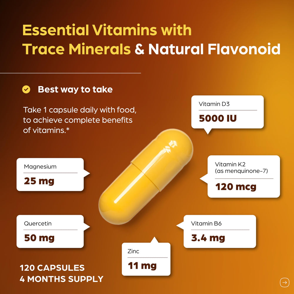Sandhu's Vitamin D3 K2 Magnesium label shows 120 capsules and quality testing.