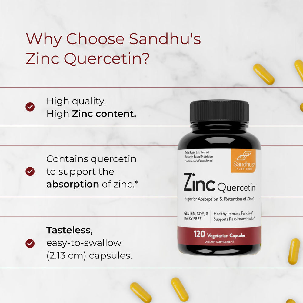 Sandhu's Zinc Quercetin bottle angled to show two-month supply.
