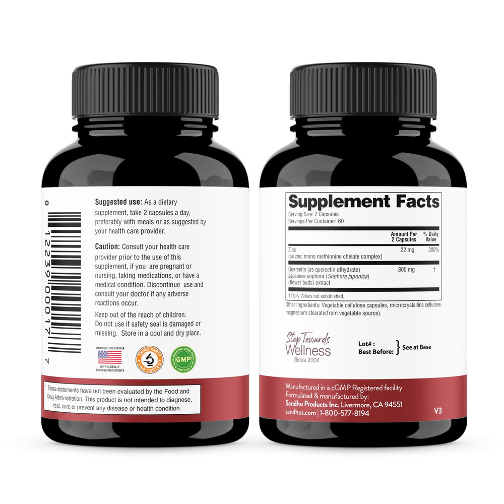Close-up of Sandhu's Zinc Quercetin capsules for easy daily swallowing.