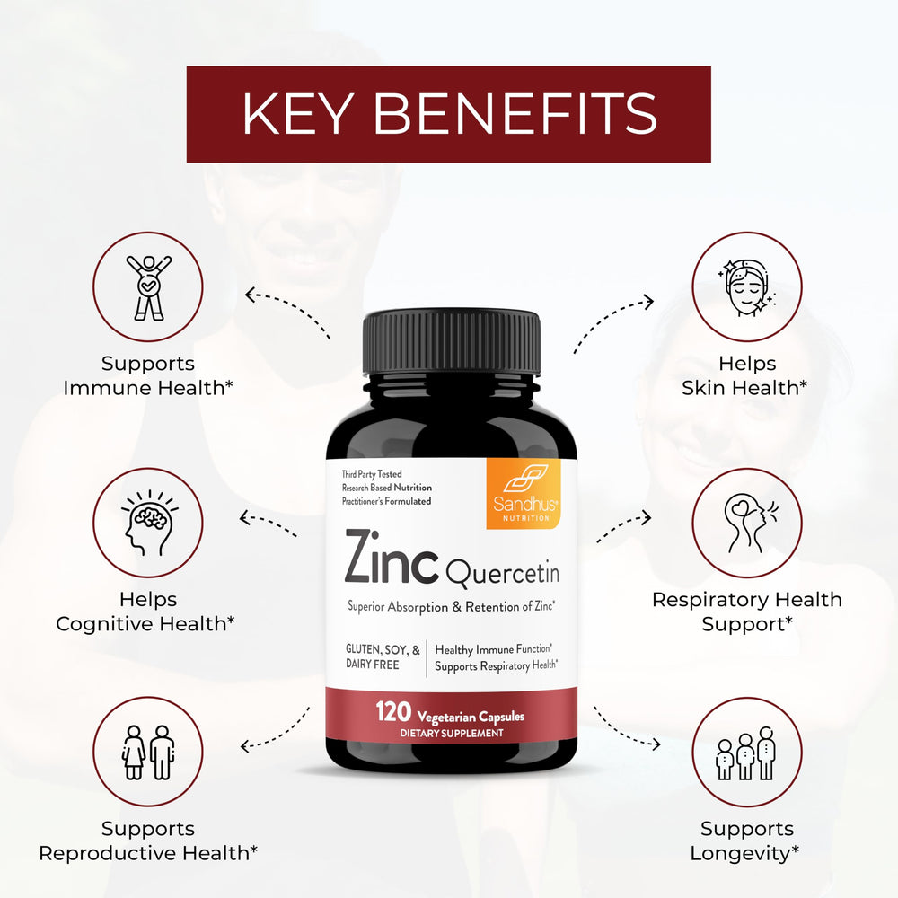 Sandhu's Zinc Quercetin label notes vegetarian capsules and immune support.