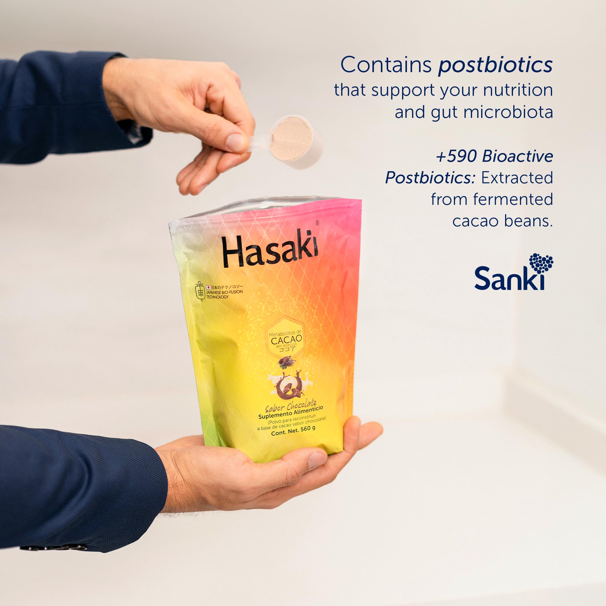 Sanki Hasaki bottle with dosing spoon illustrating protein absorption support