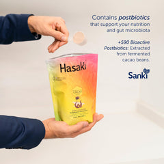 Sanki Hasaki bottle with dosing spoon illustrating protein absorption support