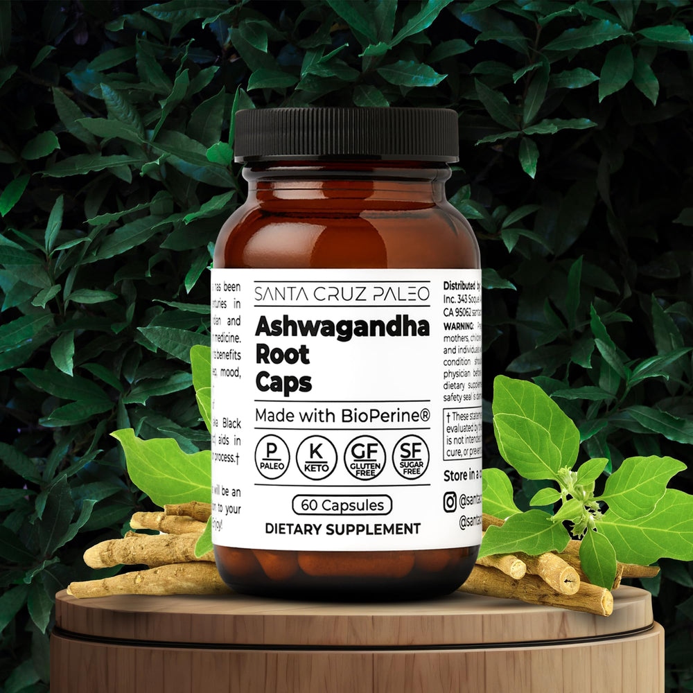Santa Cruz Paleo ashwagandha capsules closeup showing 600mg per capsule