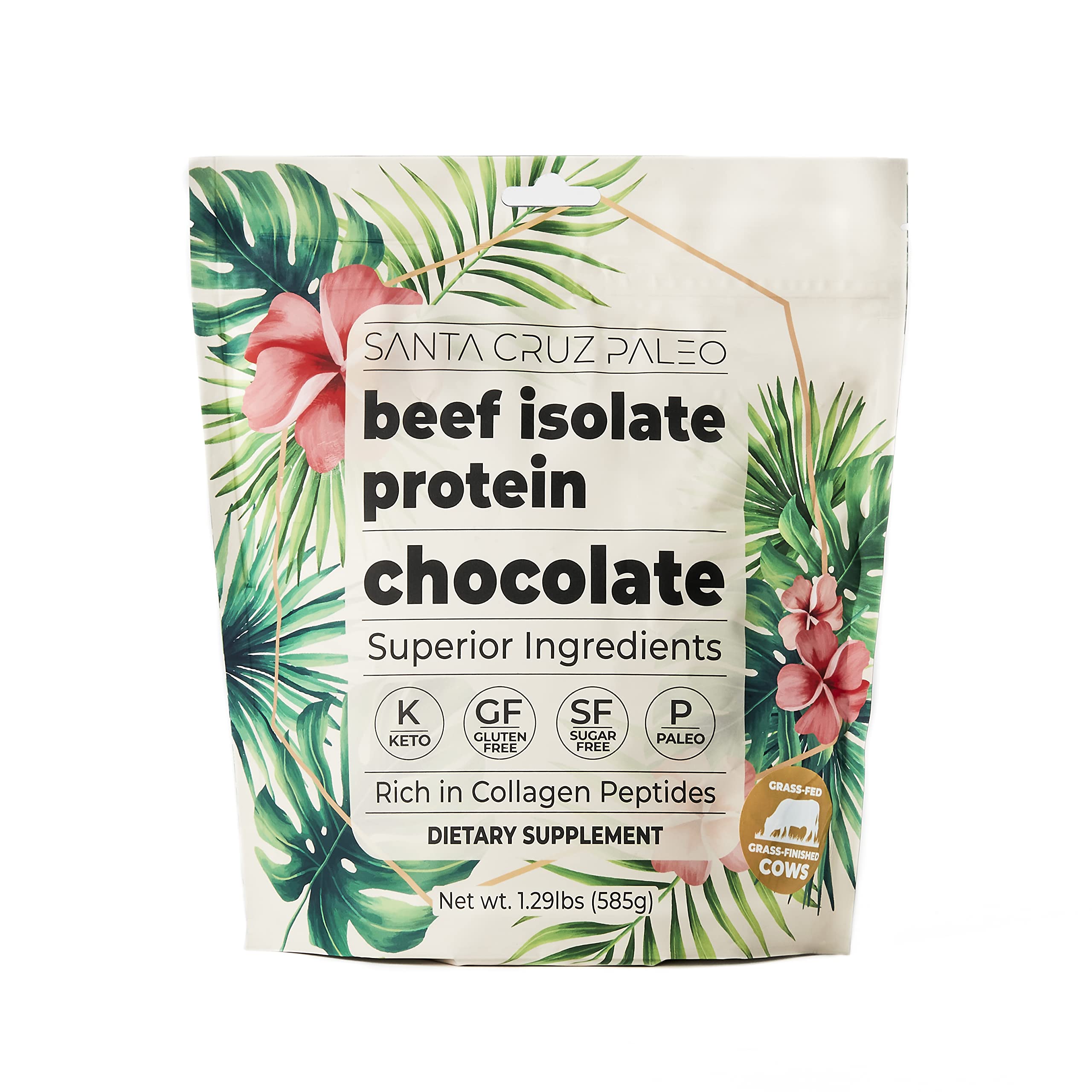 Santa Cruz Paleo beef isolate chocolate powder in a jar, rich protein boost for shakes.