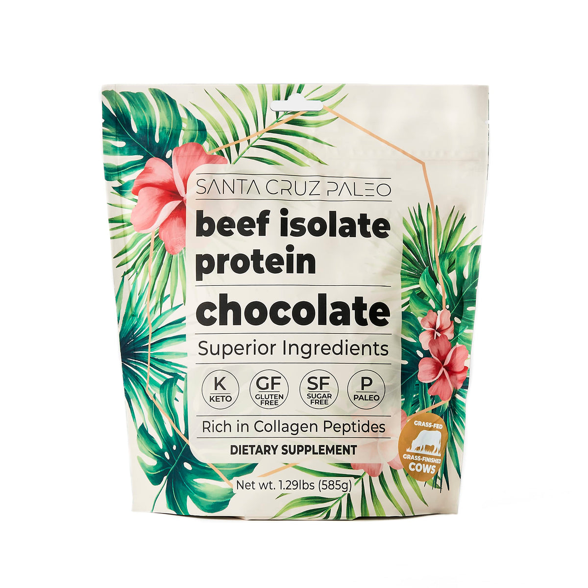 Santa Cruz Paleo beef isolate chocolate powder in a jar, rich protein boost for shakes.