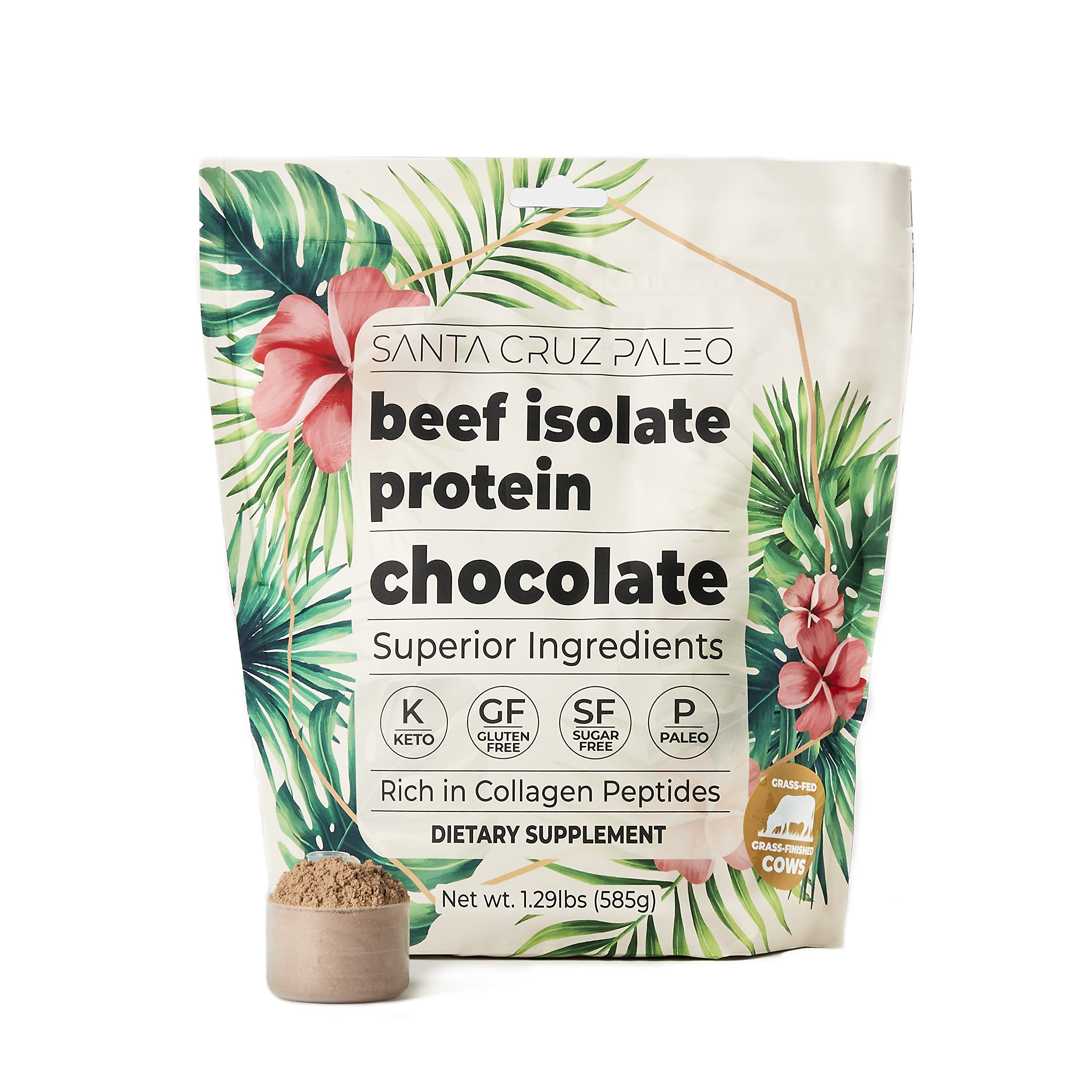 A scoop of Santa Cruz Paleo collagen-rich beef protein beside healthy ingredients.