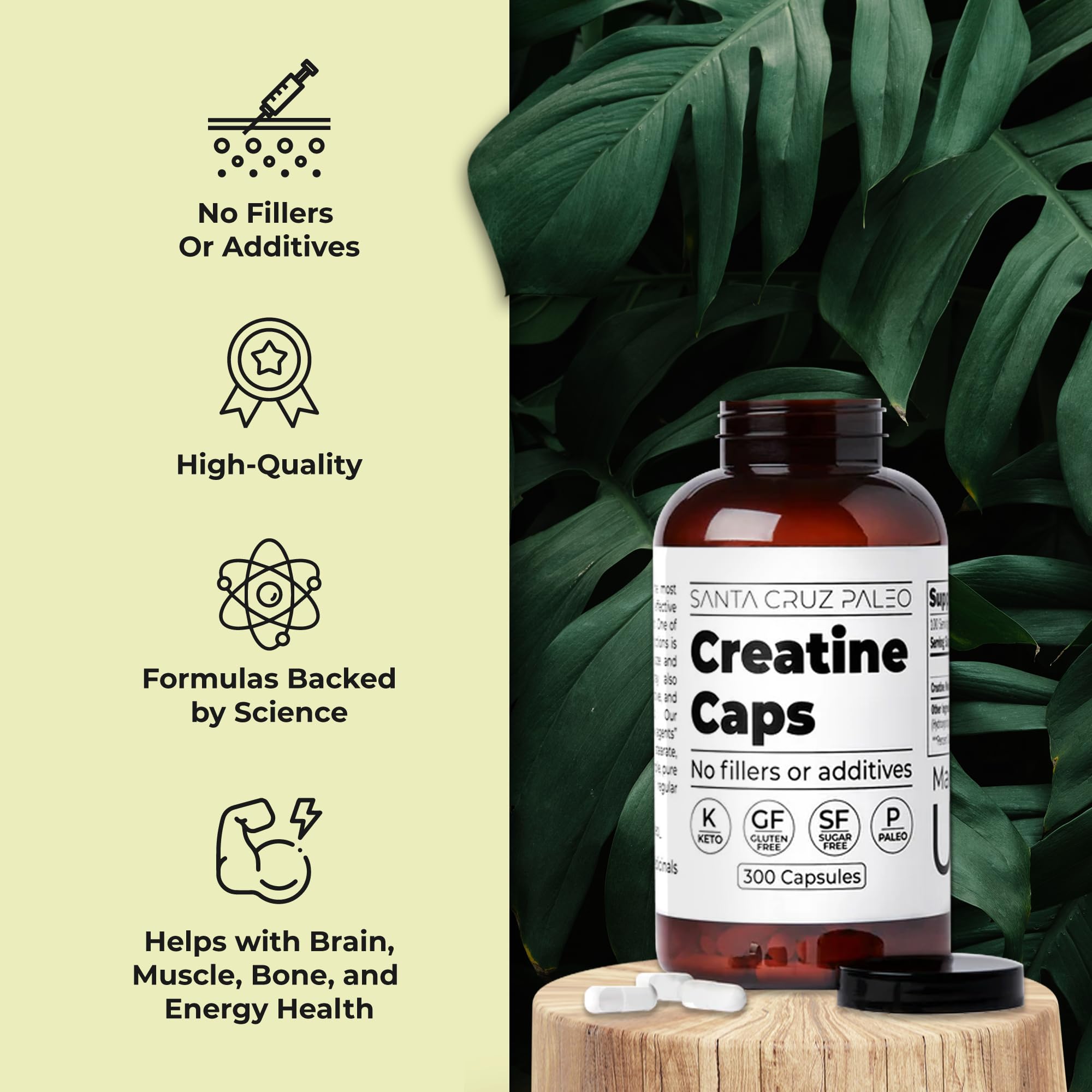 Santa Cruz Paleo Creatine Capsules close-up shows pure creatine monohydrate
