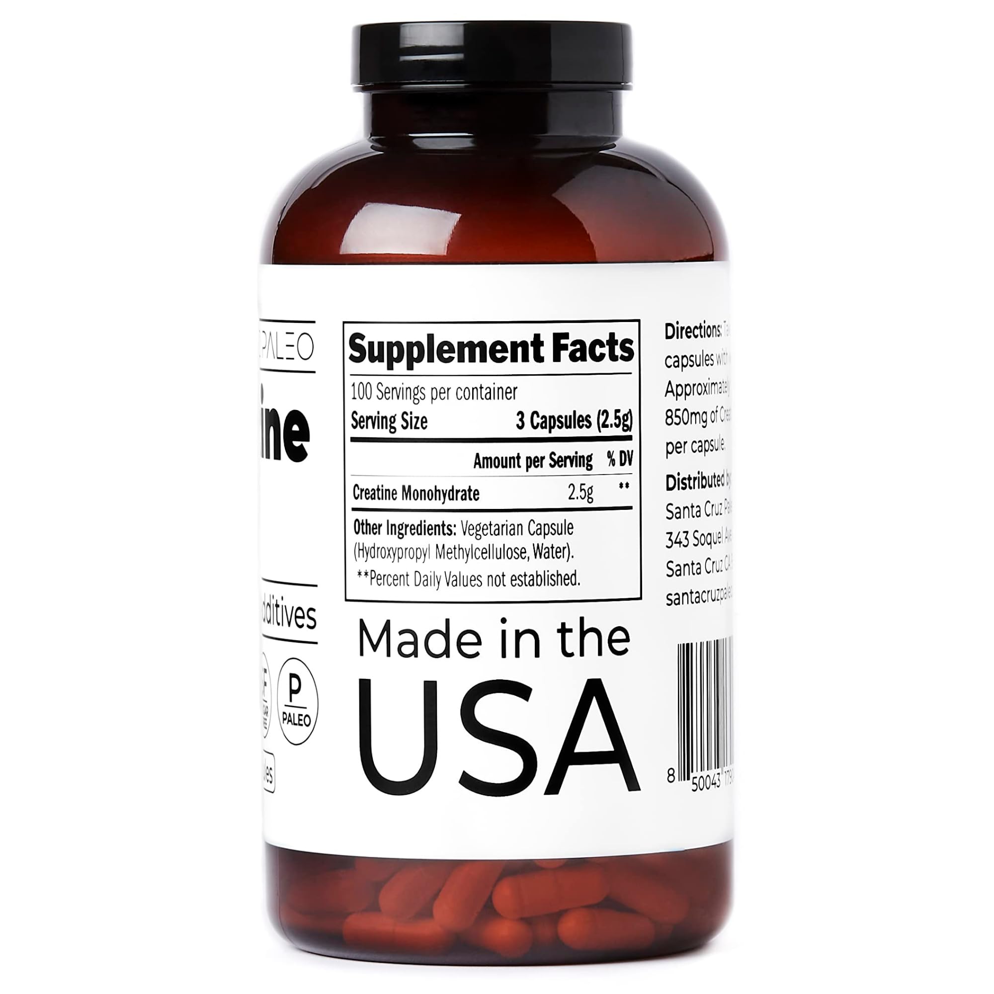 Santa Cruz Paleo Creatine Capsules packaging highlights gluten-free and paleo compatibility for clean fueling