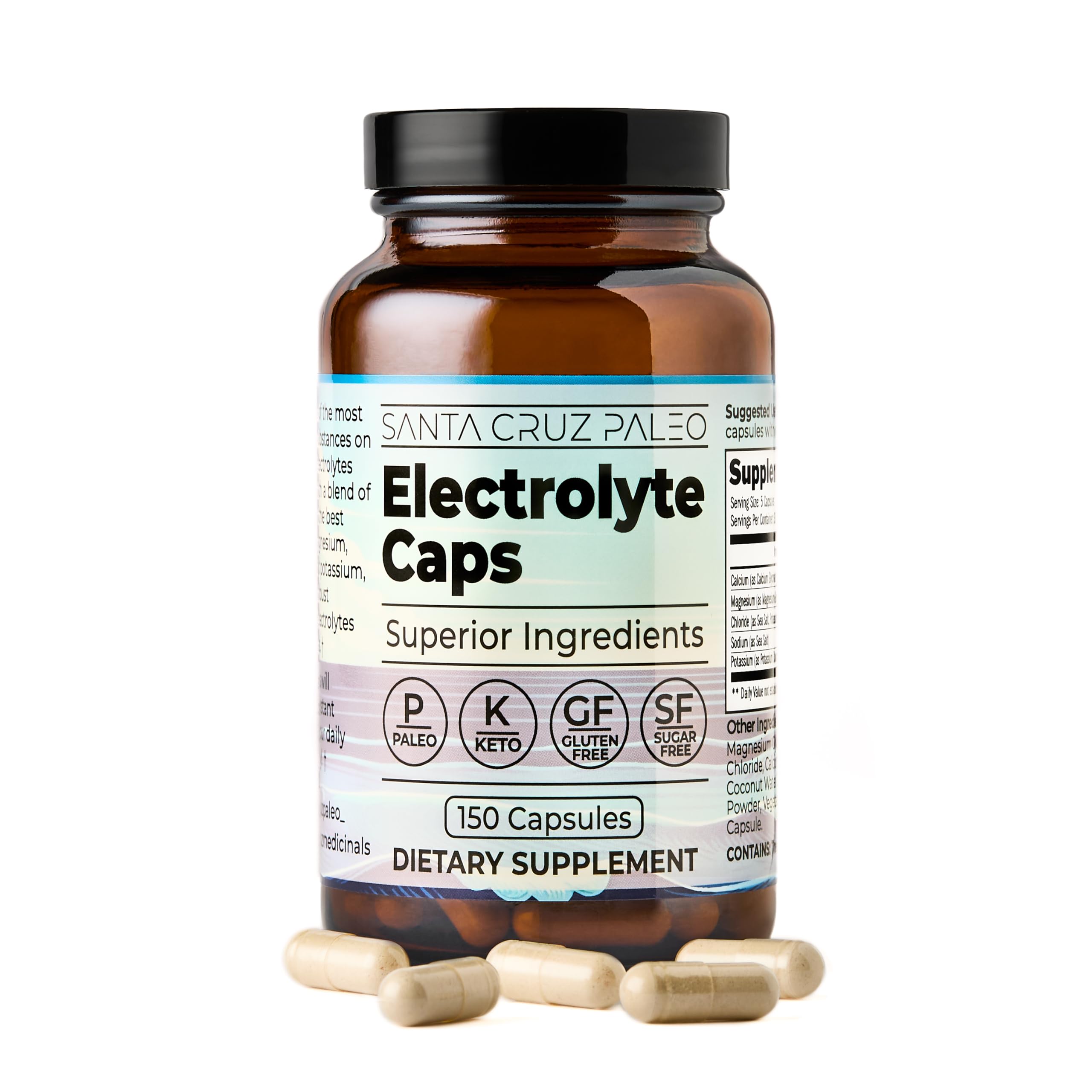 Santa Cruz Paleo Electrolyte Capsules bottle on shelf for daily hydration support.