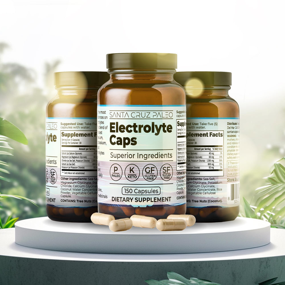 Santa Cruz Paleo Electrolyte Capsules beside a workout bottle for active days.