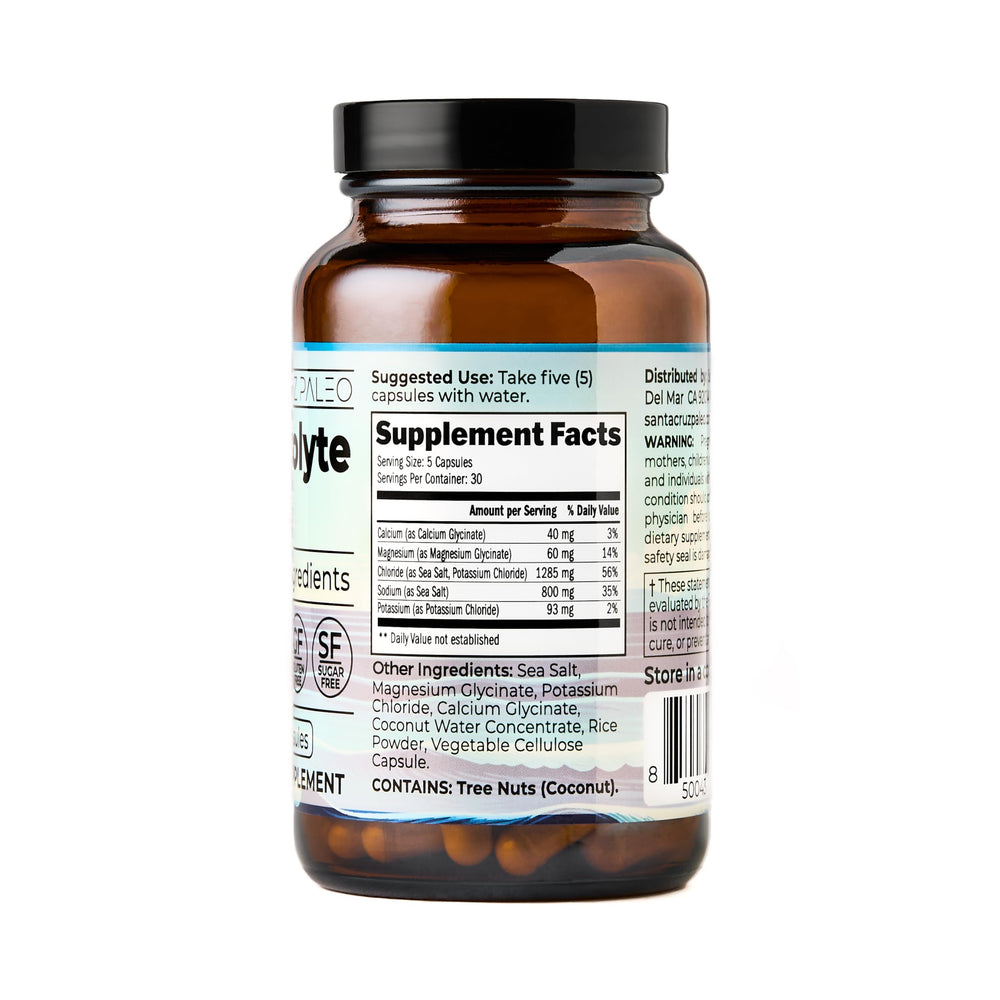 Santa Cruz Paleo Electrolyte Capsules label detail highlights minerals and glycinate benefits.