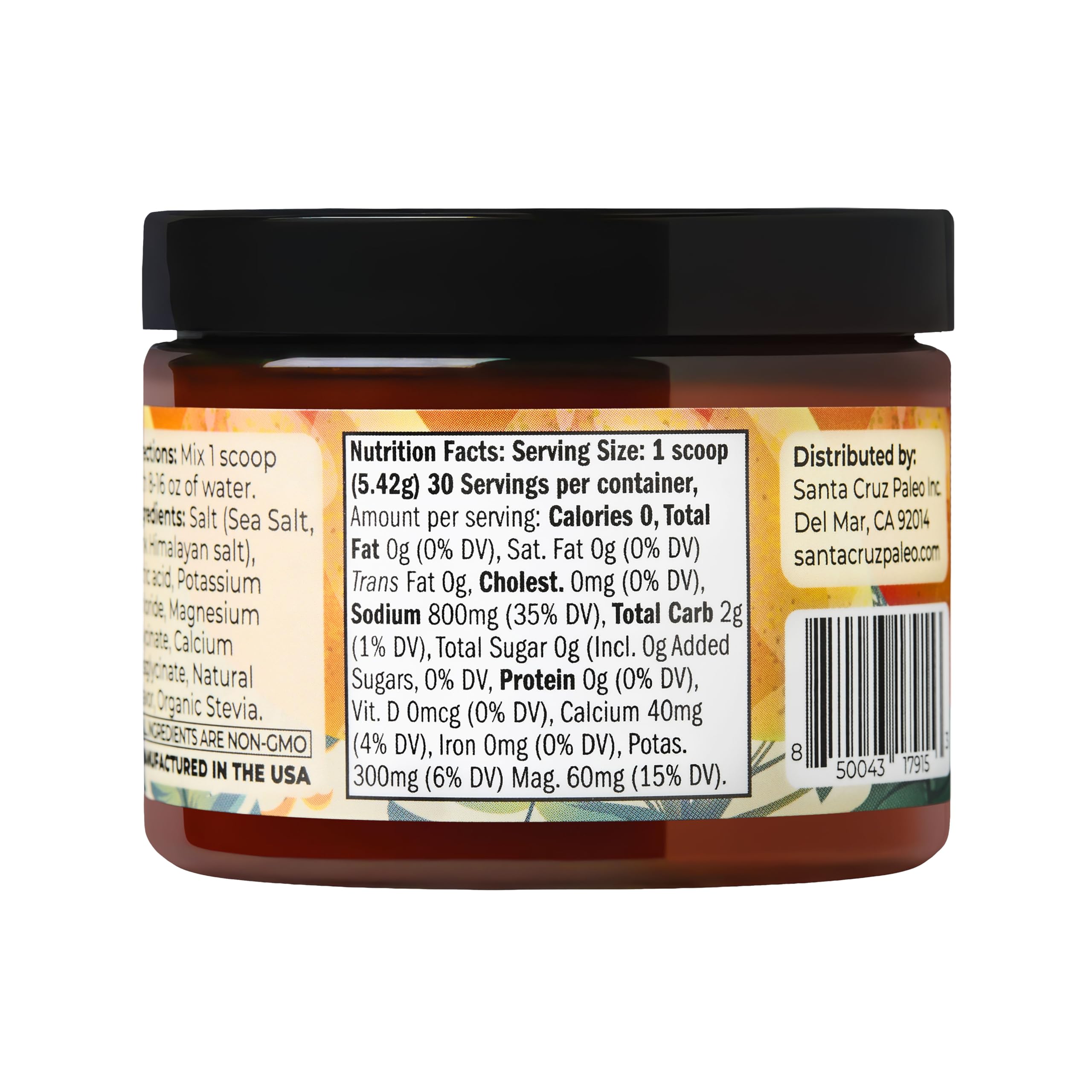 Santa Cruz Paleo Electrolyte Mango close-up label emphasizing sugar-free formula.