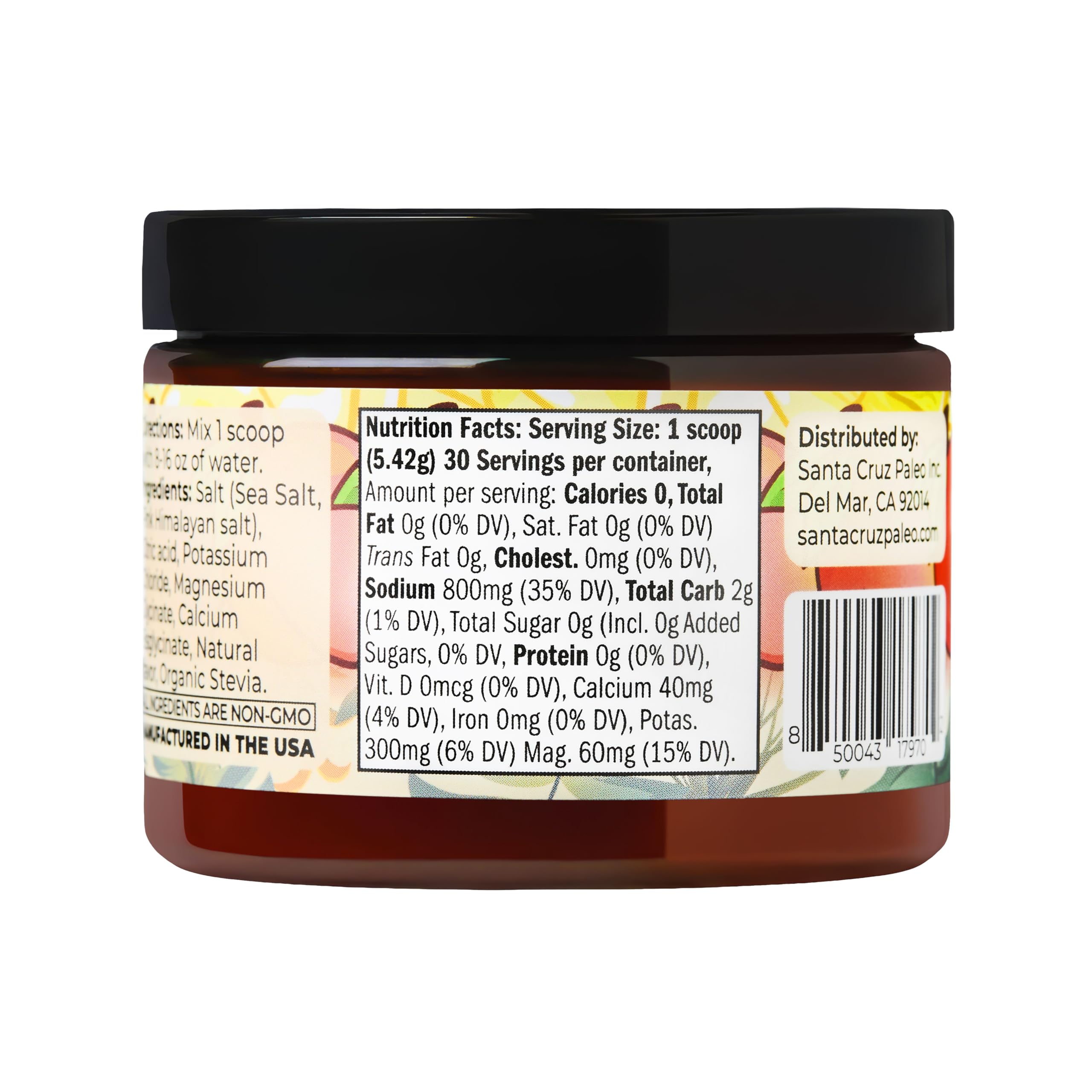 Packaging of Santa Cruz Paleo electrolyte Peach Lemonade highlighting sugar-free formula