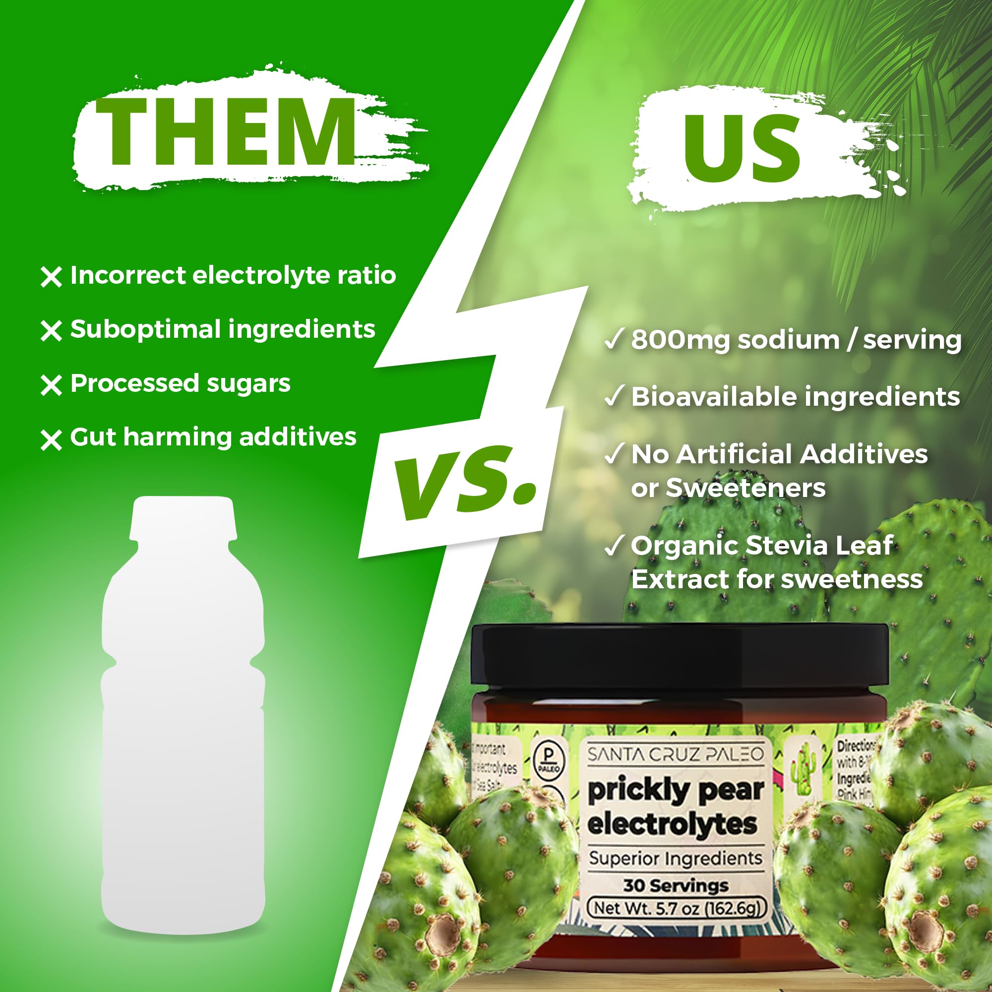 Santa Cruz Paleo Electrolyte Prickly Pear tub back explains mineral blend and sugar-free formula.