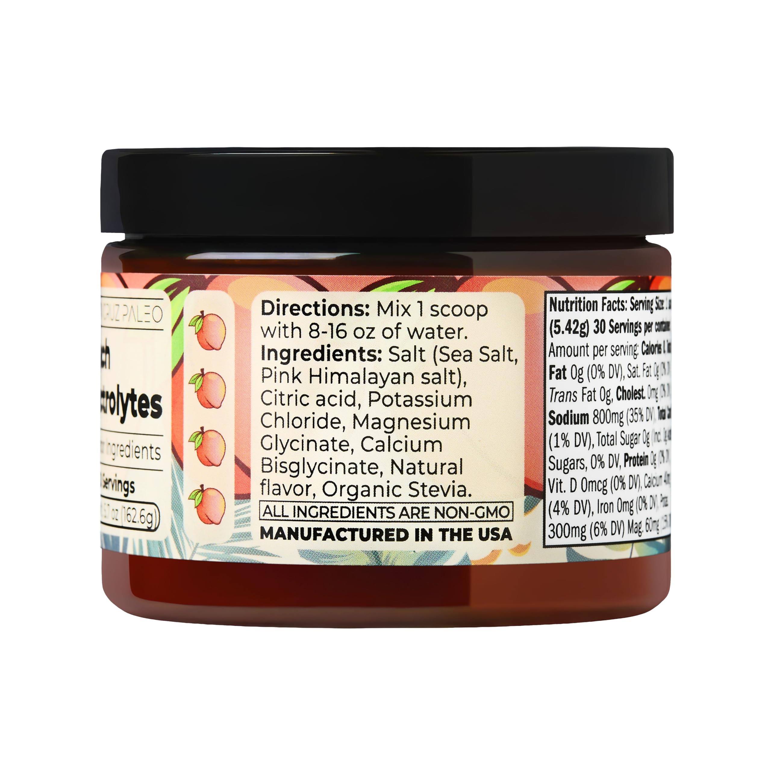 Santa Cruz Paleo electrolyte tub front shows peach flavor.