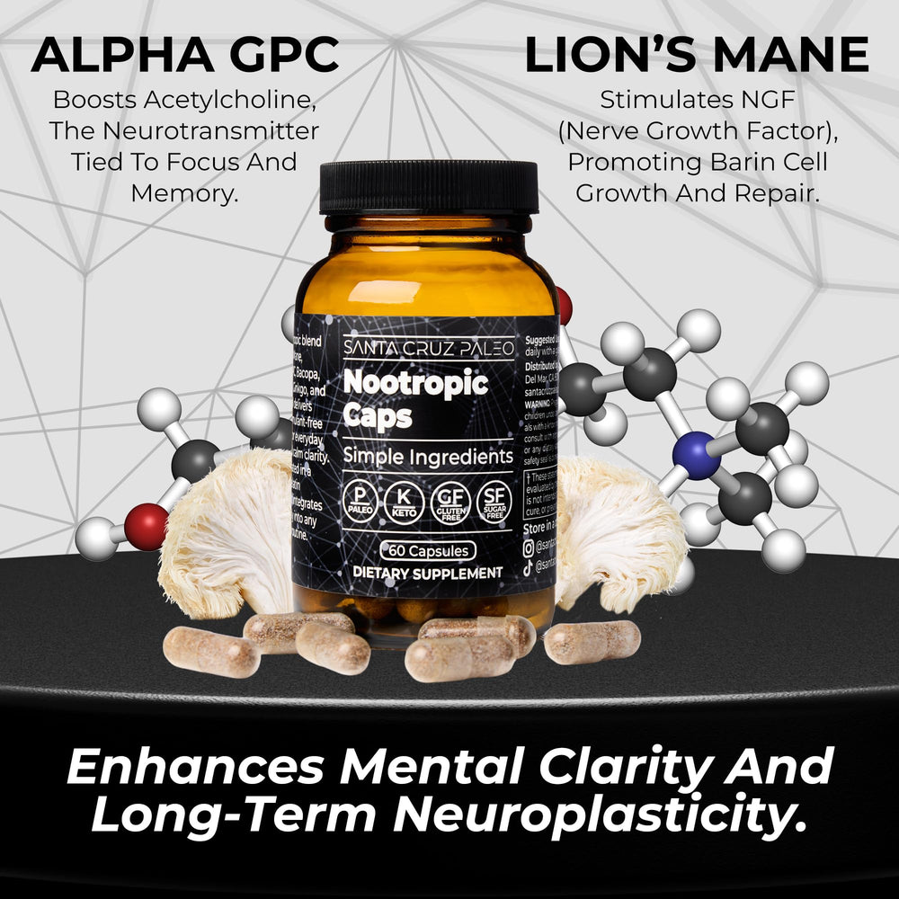 Santa Cruz Paleo nootropic capsules featuring Alpha GPC for sharp attention.