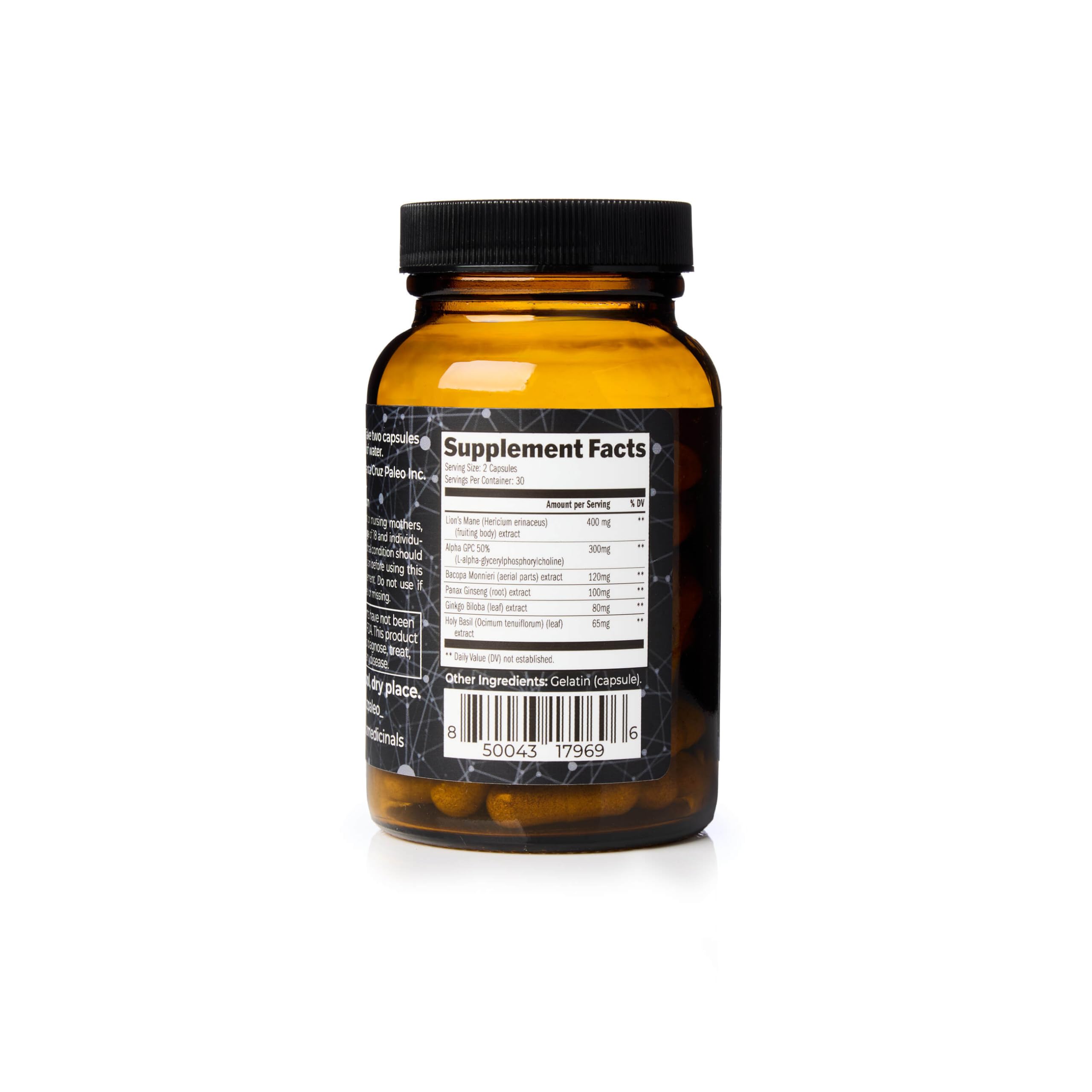 Santa Cruz Paleo nootropic capsules on a tray for steady mental clarity.