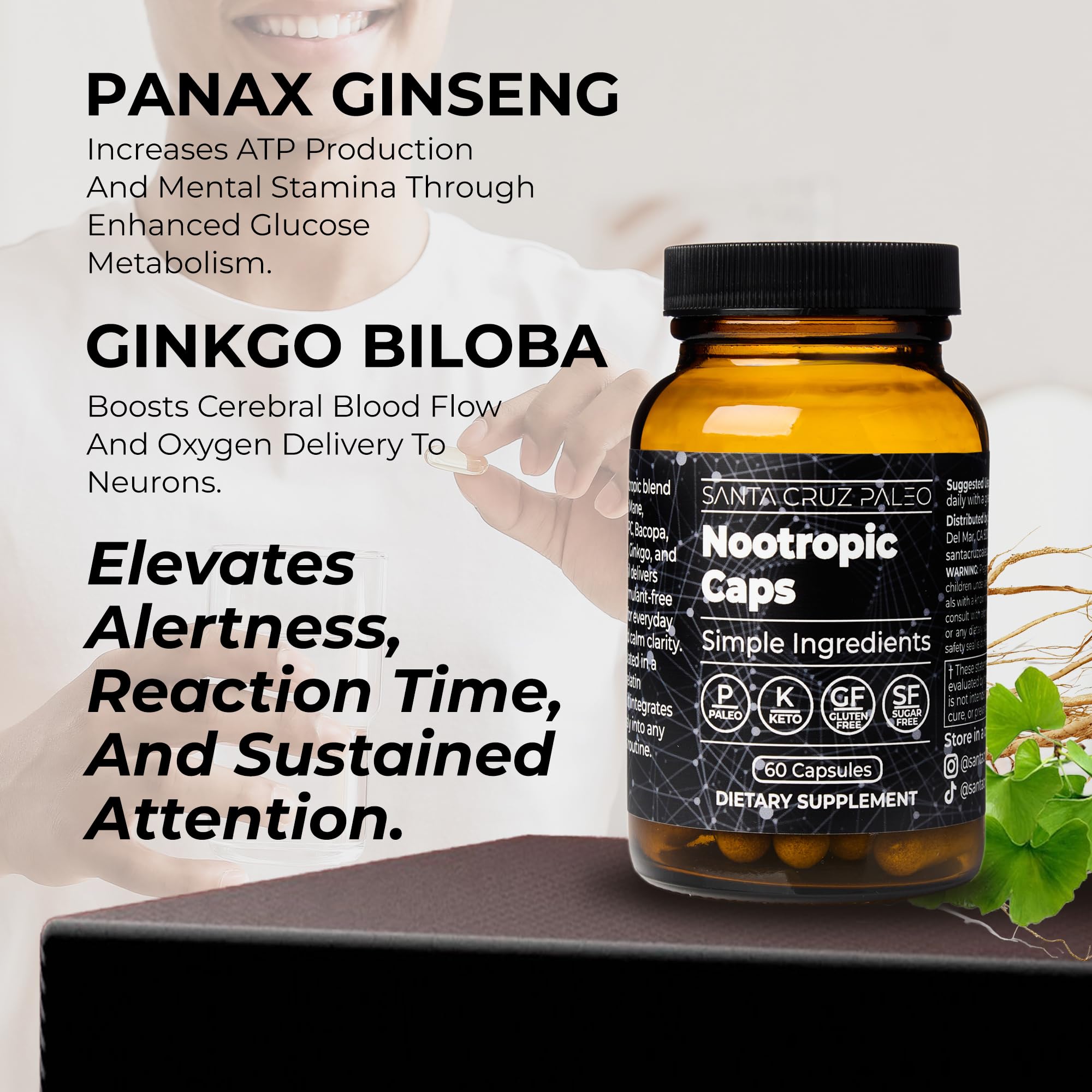 Santa Cruz Paleo nootropic bottle with Lions Mane capsule shown for daytime focus.
