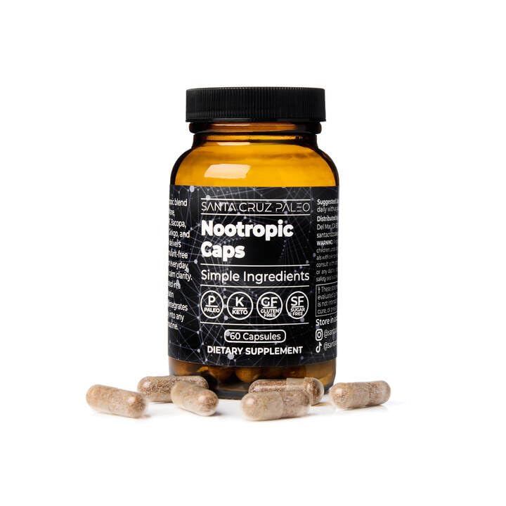 Santa Cruz Paleo nootropic bottle on a desk for morning productivity.