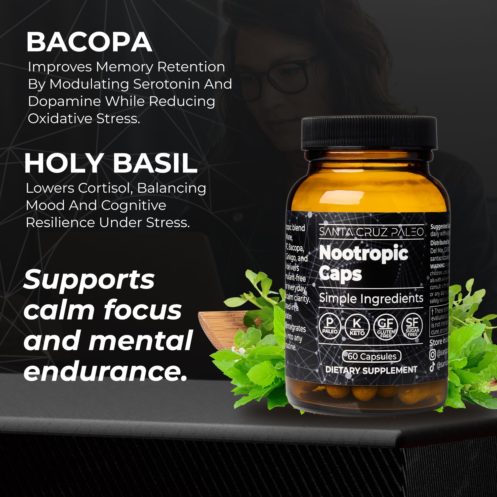 Santa Cruz Paleo nootropic Panax Ginseng capsule presented in a clean setting.
