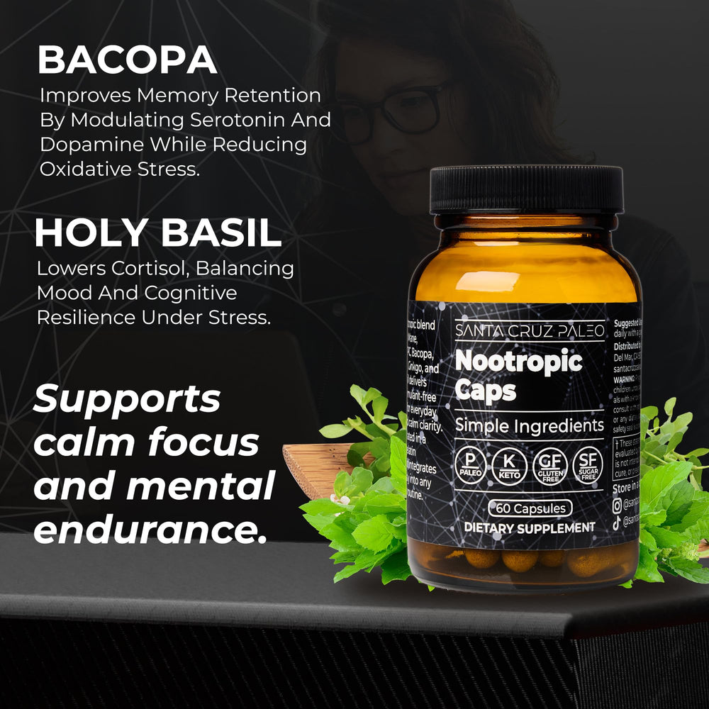 Santa Cruz Paleo nootropic Panax Ginseng capsule presented in a clean setting.