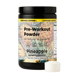 Santa Cruz Paleo pre-workout powder bottle with pineapple flavor for clean energy during workouts