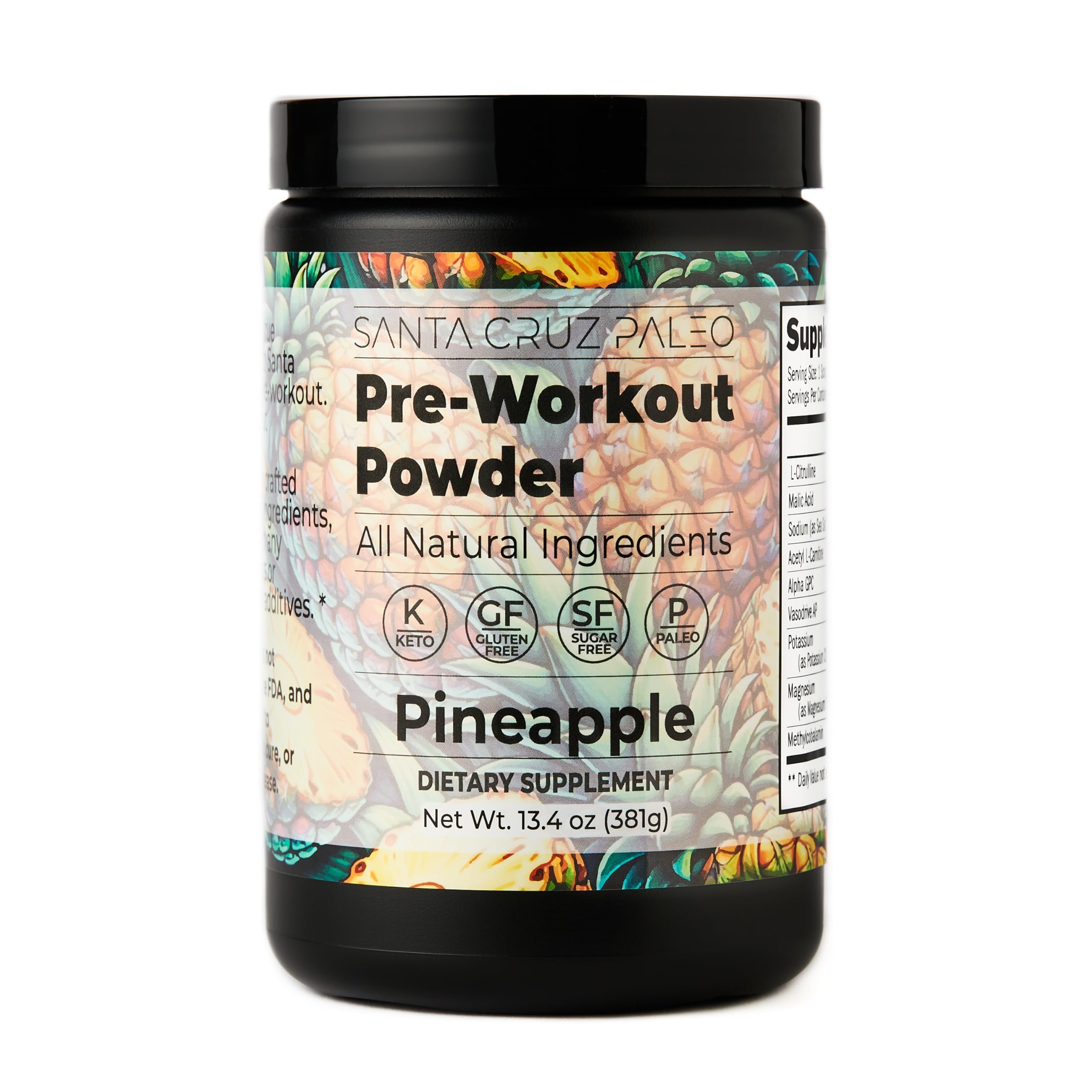 Santa Cruz Paleo pre-workout pineapple tub for clean flavor and hydration support during workouts.